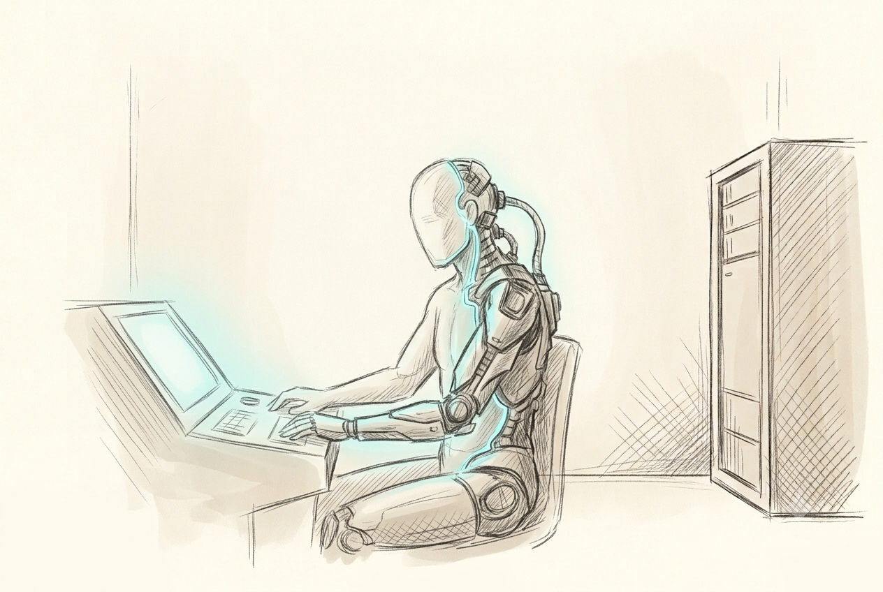 A humanoid figure, half ordinary flesh and half mechanical, seated at a sparse console with a cable running from their body into the machine, a soft glow tracing the boundary between the two.