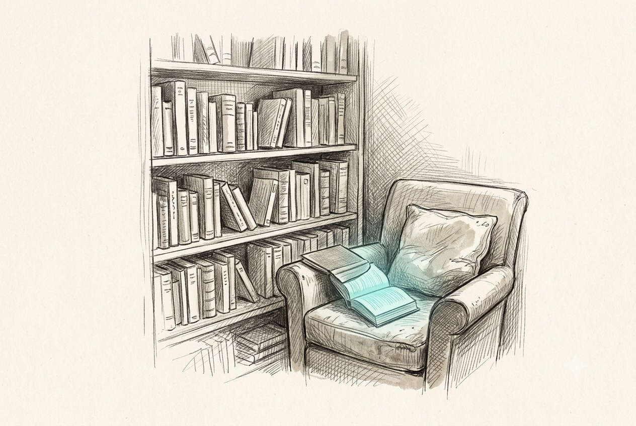 A tall bookshelf and a worn armchair in a quiet reading nook, with an open book left glowing on the chair's arm.