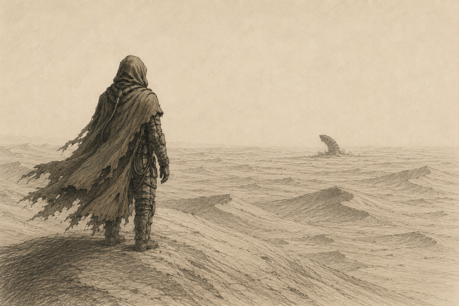 A hooded figure in a torn cloak stands at a glowing vertical boundary of light in the desert, with a massive creature breaking the dunes far in the distance.